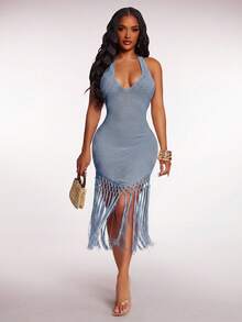 Radiana Women's Summer Boho Crochet Flowy Tassel Hem Dress, Holiday/Beach Vacation Dress - Blue - View 6