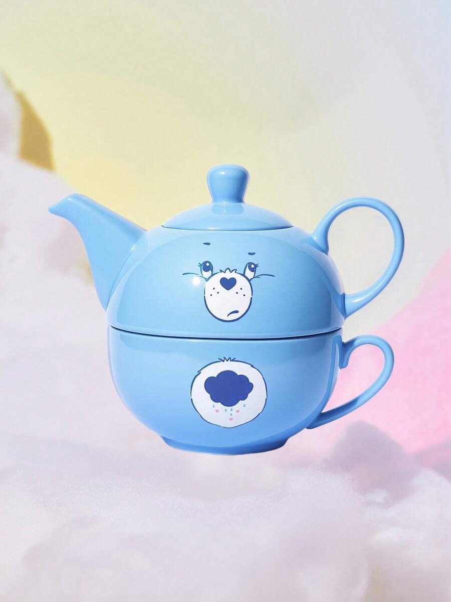 SHEIN X Care Bears 1件陶瓷杯壺套組,下午茶套組,1個茶壺、1個茶杯,耐冷熱,可用於微波爐與洗碗機,適用於水、牛奶、果汁、茶、咖啡等,Care Bear、Angry Bear、Share Bear - 藍色 - 查看 1