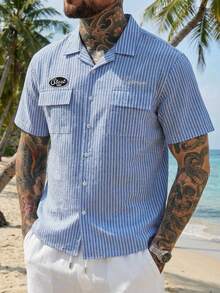 DAZY Men's Blue Striped Short Sleeve Shirt With Letter Embroidery, Summer - Blue - View 2