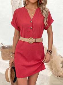 EMERY ROSE Women's Solid Color Notched Neck Short Sleeve Rolled Hem Loose Mini Dress, Summer - Red - View 3