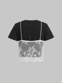 SHEIN Tall CURVE Plus Size Summer White Lace Spliced Round Neck Short Sleeve T-Shirt (2 In 1) - Black and White - View 3