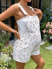 Lyckli White Maternity Floral Print Pocket Adjustable Bib Shorts For Summer Baby Shower,Women Cute Flower Pattern Strap Overalls Y2k Chic Beach Carnival - White - View 7