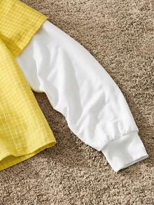 SWAVVY Men's Contrast Color Patchwork Plaid Letter Embroidery 2 In 1 Shirt - Light Yellow - View 4