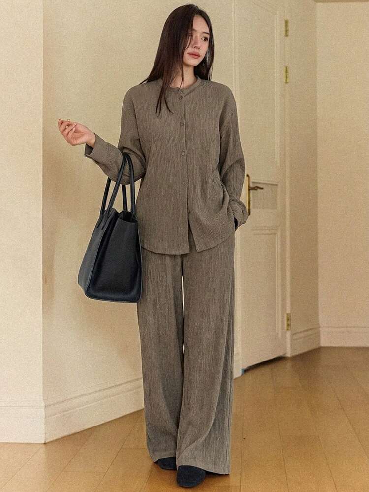 Women's Solid Color Single-Breasted Long Sleeve Top And Wide-Leg Pants Casual 2 Pieces Set