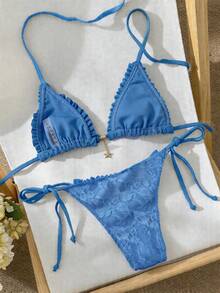Swim Mod 女款提花布料掛脖花邊比基尼套裝，水藍色，夏季休閒性感度假海灘泳衣 2 件組 - 藍色 - 查看 3