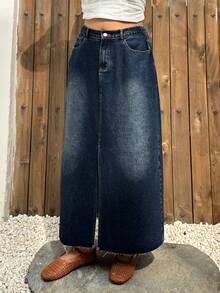 Dazy Plus Plus Size Dark Washed Blue Distressed Front Slit Casual Vacation Maxi Denim Skirt, Spring/Summer - Dark Wash - View 6
