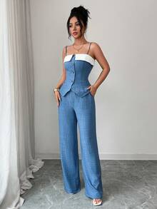 Selianne Women's Casual Contrast Color Lapel Cardigan Camisole + Wide Leg Pants 2 Pieces Set Summer Outfits Women Vacation Outfits Women - Blue - View 6