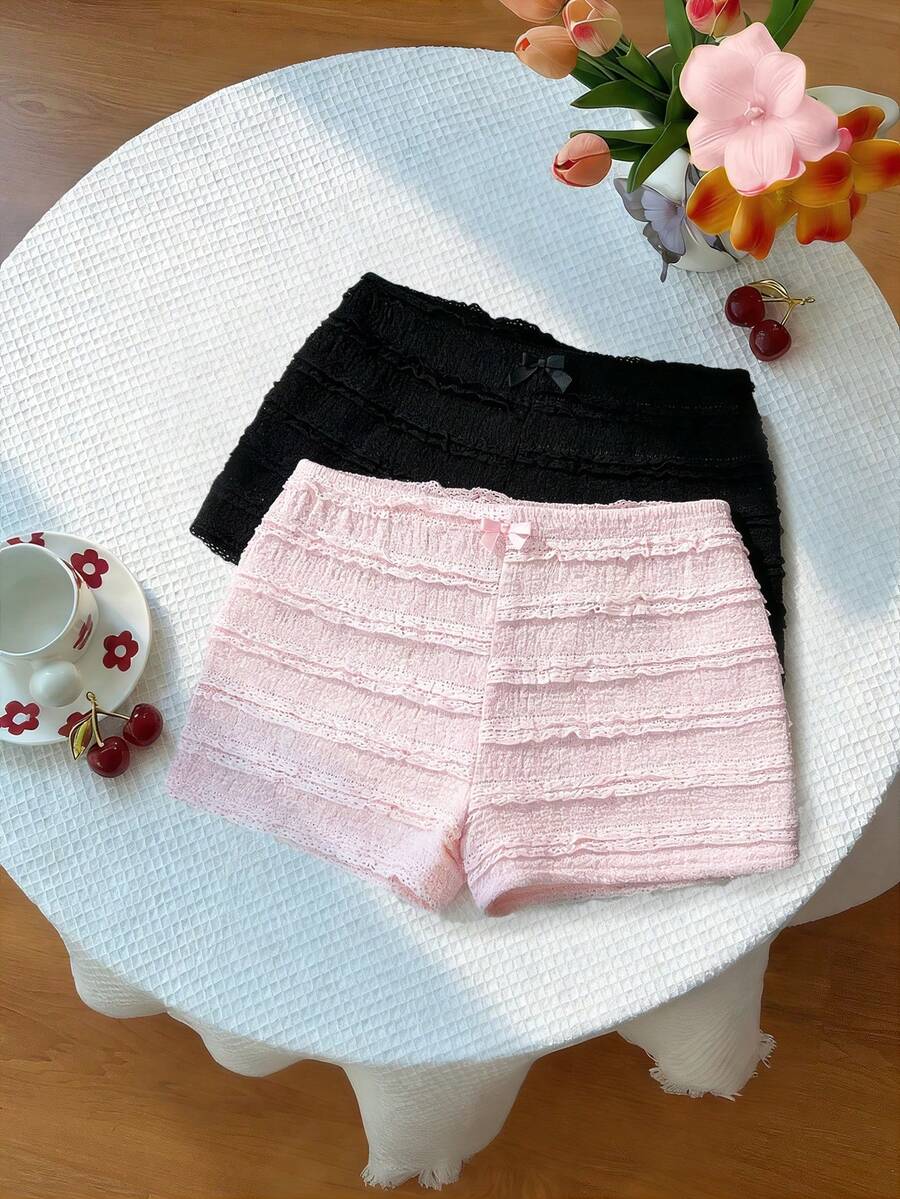 Elamini Spring/Summer New Low-Waist Bow Shorts Set, Sweet Cute Fashionable, Suitable For Daily Wear Lounge Black Blush Pink - Multicolor - View 1