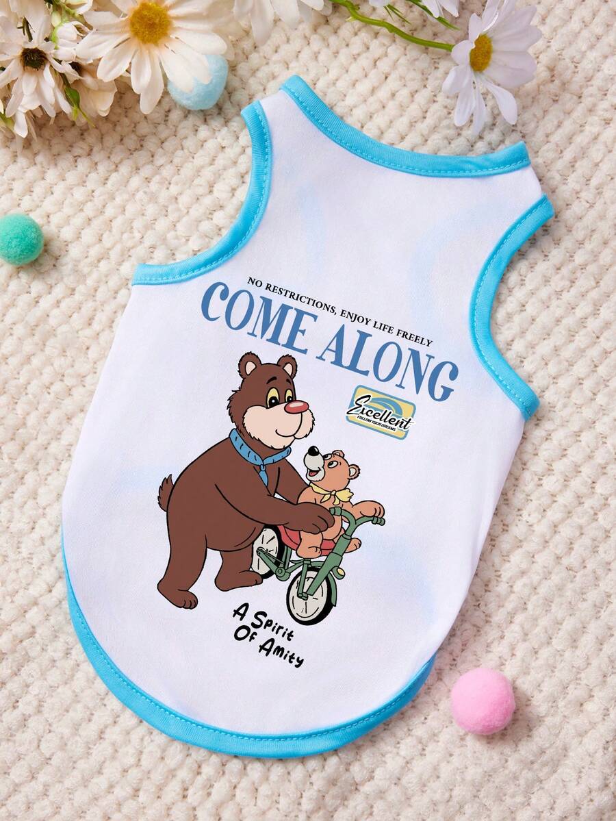 Áo vest cho thú cưng in chữ hình gấu bông, kiểu dáng thường ngày, mềm mại và thoáng khí, phối màu xanh trắng. - Nhiều màu - Xem 1