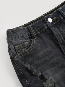 Girlism Tween Girl Y2K Spring Summer Break Washed Low Waist Ripped Raw Hem Denim Mini Shorts,Summer Boho Beach Concert Rave Festival Dailywear Spring To Summer Rave Festival And Streetwear - Black - View 3