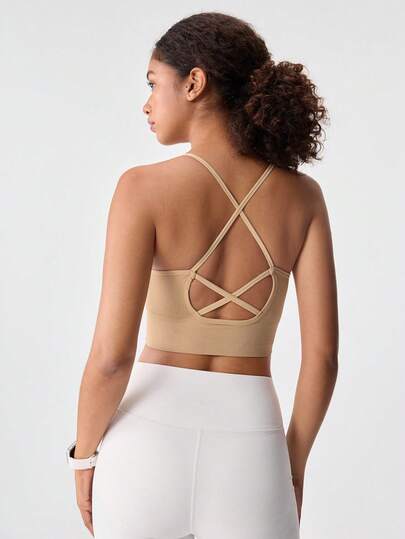 Loungeista 1pc Wireless High Elasticity Seamless Sports Bra, Medium Support, Criss-Cross Strap Design, Breathable & Comfortable Yoga Bra