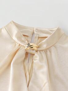 GlowEve CURVE Plus Size Women's Elegant Champagne Summer Formal Work Satin Blouse,French Office V-Neck Short Sleeve Pullover,Luxurious Knot Metal Button Decor Top - Apricot - View 6