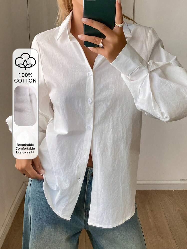 Women's Solid Color Loose Turndown Collar Lantern Sleeve Elegant Formal Blouse, Spring/Autumn