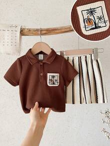 Bộ 2 món áo polo tay ngắn và quần short kiểu dáng thường ngày cho bé trai/bé gái, trang phục mùa hè cho bé trai. - màu nâu - Xem 3