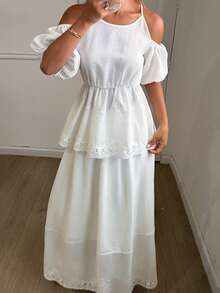 DAZY Women's Elegant Solid Color Lace Patchwork Cold-Shoulder Top And Skirt 2-Piece Set, Summer - White - View 2