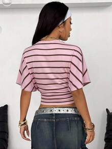 Coolane Women's Casual Striped Ruched Waist Cropped T-Shirt, Summer,Summer Top - Multicolor - View 2