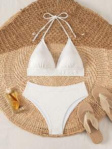 SHEIN Swim Bộ bikini hai mảnh buộc cổ màu trơn gợi cảm dành cho nữ mùa hè, kèm quần lót tam giác. - trắng - Xem 6