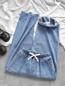 Quần jeans ống rộng buộc dây, kiểu dáng thời trang cho bé gái tuổi teen. - Rửa nhẹ - Xem 3