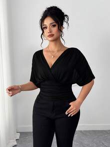 Elenzga Áo sơ mi eo trơn màu thanh lịch cỡ lớn, mùa hè - màu đen - Xem 3