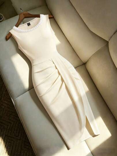 Franclia This Off-White Sleeveless Knit Dress Features A Crisp, Draping Fabric And A Flattering Fit. Suitable For Formal Occasions In The Workplace And On Holidays, It Can Be Paired With Pearl Or Metallic Accessories For An Elegant And Sophisticated Look. Perfect For Summer, Spring, Romantic Dates, The Beach, Weddings, Birthdays, Outings, Casual Elegance, Vacations, Graduation Season, And More. (Summer, Women's Summer Dresses, Summer Outfits, Women's Summer Wear, Easter Dresses, Women's Easter Outfits, Easter Clothing, Easter, Easter Outfits, Women's Easter Attire, Women's Holiday Outfits, Women's Wedding Guest Dresses, Wedding Guest Party Dresses, Women's Elegant Outfits, Elegant Party Dresses, Apricot Dresses, Women's Apricot Dresses, Apricot, Wedding Season.)Graduation Season Attire, Fashionable Casual Commuter Wear, Business Office Wear, Versatile And Stylish Everyday Casual Wear, Urban Teacher's Professional Attire