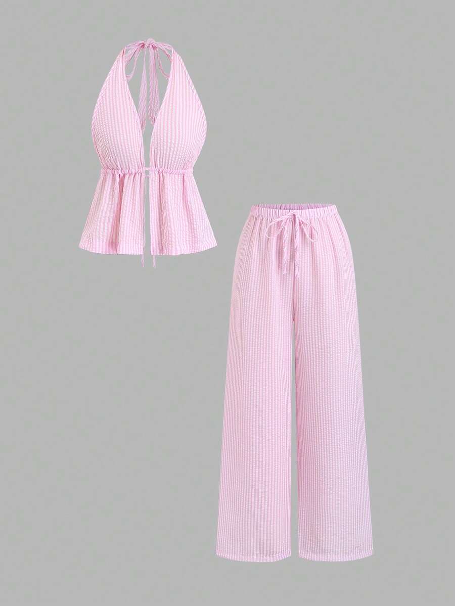 Sweetra Ensemble femme Top à col ras-du-cou texturé rayé dos nu et pantalon droit jambe large, idéal pour le printemps, l'été, les voyages et les vacances - Rose bonbon - Voir 1