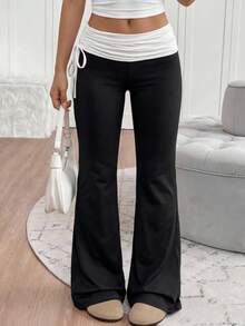 Tween Girls' Color Block Twist Ruched Casual Flare Pants, Versatile For Daily Wear,Kids - Black and White - View 5