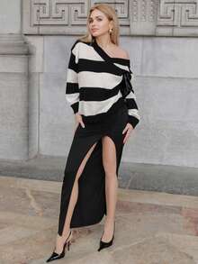 Elenary Edit 女式V领落肩长袖条纹宽松针织毛衣 - 彩色 - 查看 4