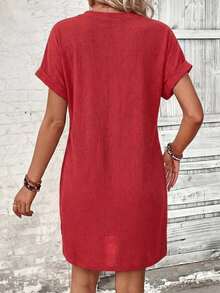 EMERY ROSE Women's Solid Color Notched Neck Short Sleeve Rolled Hem Loose Mini Dress, Summer - Red - View 2