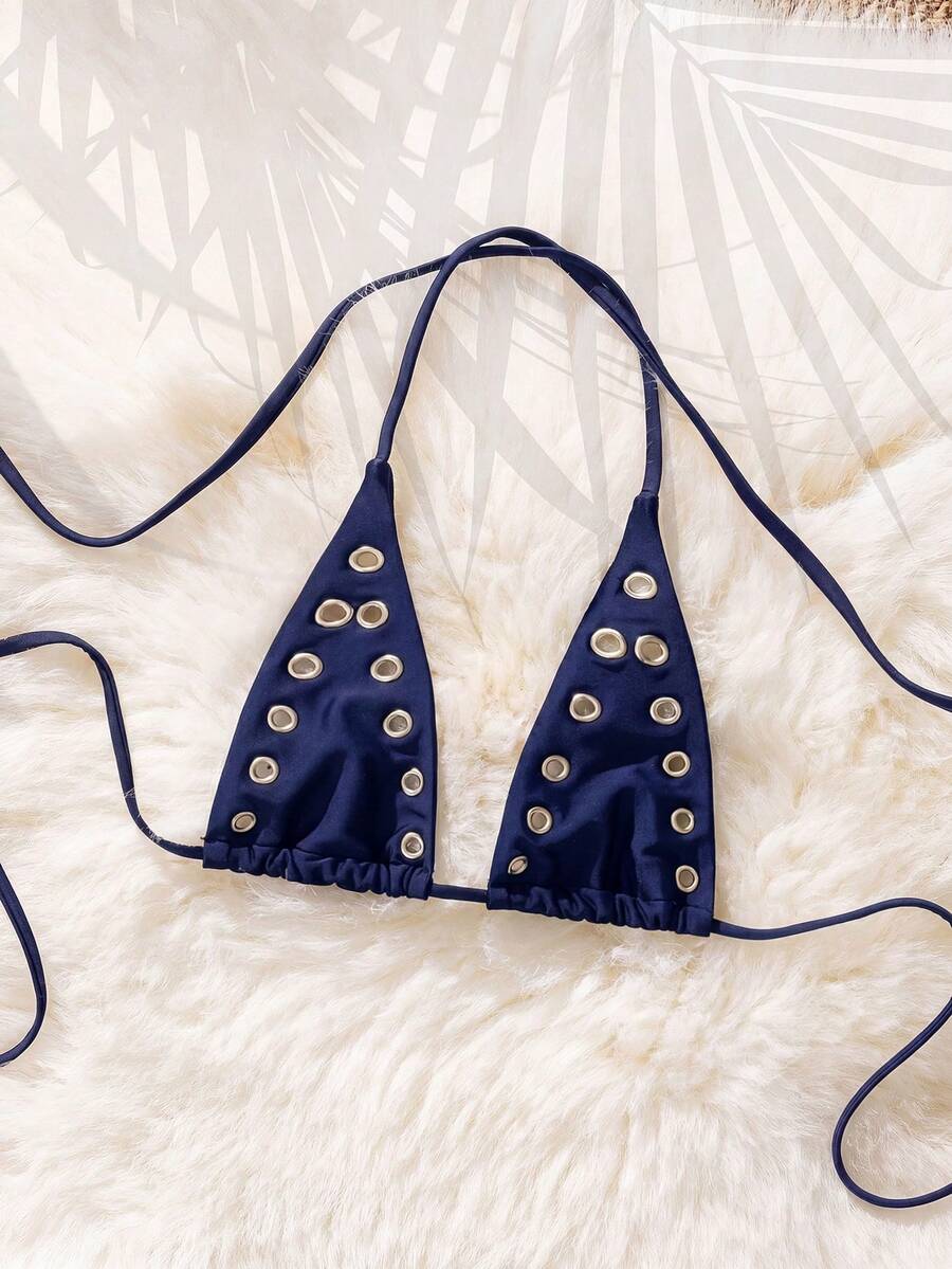 Swim SXY Rivet 性感派对音乐节休闲极简度假海滩镂空泳装挂脖比基尼上衣 - 藏蓝色 - 查看 1
