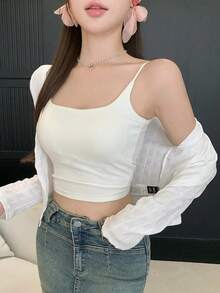 Joudiya Solid Crop Jacket Without Cami Top,Fall Clothes - Apricot - View 4