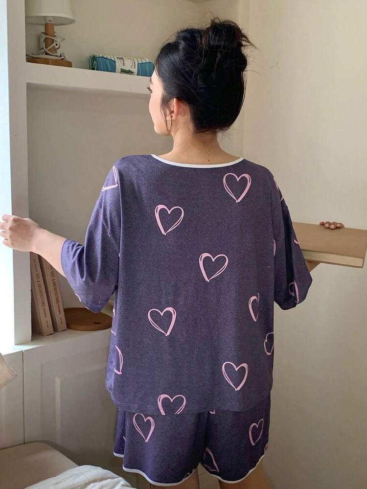 Dazy Plus Plus Size Women Heart Print Contrast Trim Loose Pajama Set, Spring/Summer