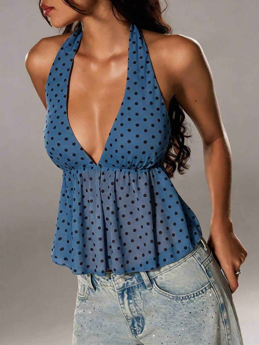 SHEIN TRNDY Elegante chaleco de mujer con escote en V y cuello halter con lunares, para primavera/verano - Azul - Ver 1