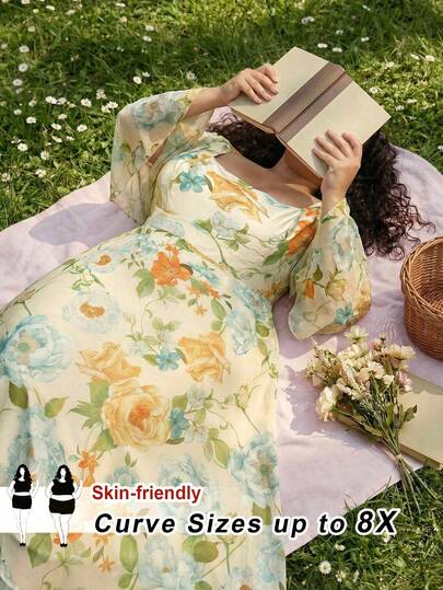 SHEIN CURVE+ Plus Size Elegant Floral Print Long Dress
