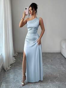 Elenzga 2026夏季新款奢华缎面单肩褶皱高开衩性感长款晚礼服，适合女士参加派对。 - 淺藍色 - 查看 6
