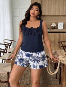 Weeklong Plus Size Women's Spring/Summer 3D Floral Matching Casual Vacation Outfit - Multicolor - View 6