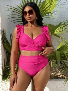 Swim Vcay Conjunto de bikini de talla grande 2026 con volantes en el frente cruzado en color rosa neón sólido - Rosa Fucsia - Ver 4