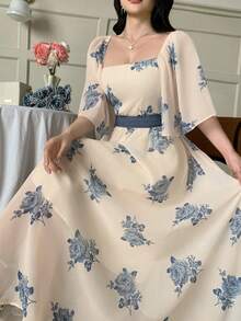 DAZY Vestido longo feminino casual e elegante de primavera/verão com detalhes em renda, estampa floral delicada e cintura marcada. Estilo boho, perfeito para o verão e para as férias. - Azul - Ver 3