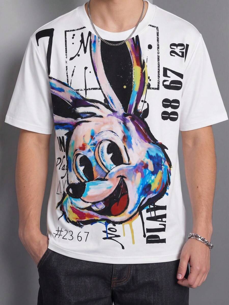 SHEIN Tween Boys' Casual Stylish Cool Classic Cartoon Rabbit Graphic Print Short Sleeve Round Neck T-Shirt, Suitable For Summer - White - View 1