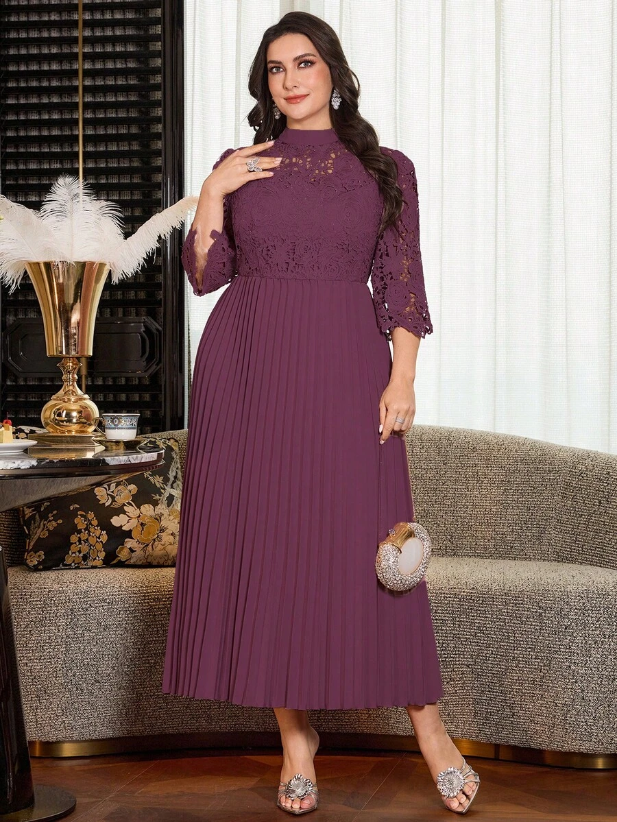 Modelyn Vestido casual de línea A plisado con bordado de unicolor para mujer de talla grande - Rojo violeta - Ver 1