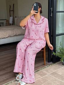 Napfluff CURVE Napfluff CURVE Cute Striped Bow Decor Short Sleeve & Pants Pajama Set, Casual Summer Loungewear For Girls - Red - View 3