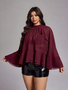 Viva Relle Plus Size Women's Burgundy Stand Collar Ruffle Trim Sheer Chiffon Cape Top, Vintage Sweet & Spicy Date , Spring/Summer - Burgundy - View 6