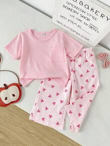 SHEIN Playful Pals 2件套女婴圆领口袋短袖上衣和竖条纹蝴蝶结裤子套装，休闲装，适合户外玩耍或舒适夏季百搭套装 - 粉色 - 查看 4