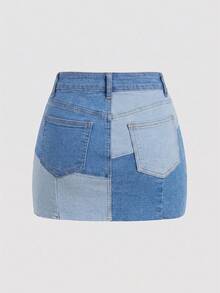 Sweetra Chân váy ngắn denim phối màu tương phản, kiểu dáng thường ngày dành cho nữ, có túi, thích hợp cho mùa hè. - Nhiều màu - Xem 2