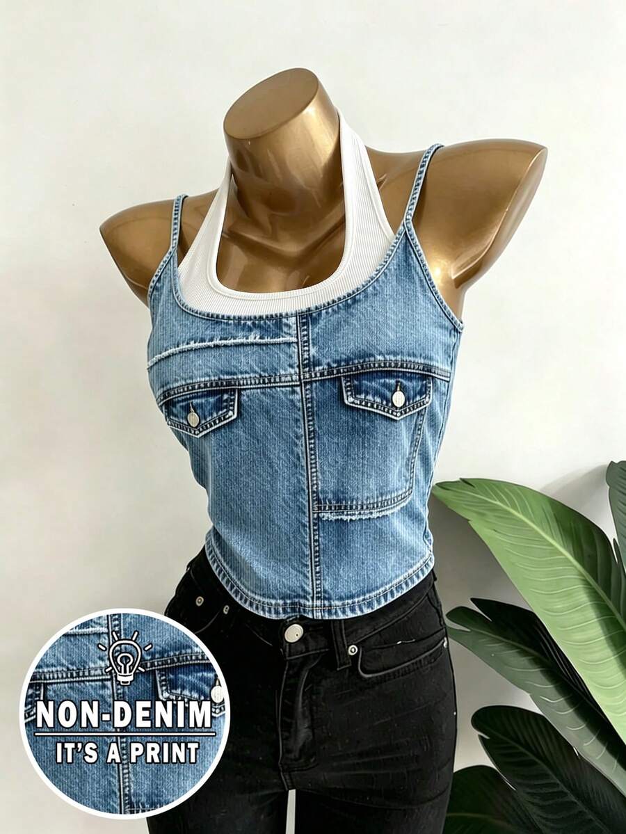 Lalippa Summer Casual Denim Effect Print Camisole - Multicolor - View 1