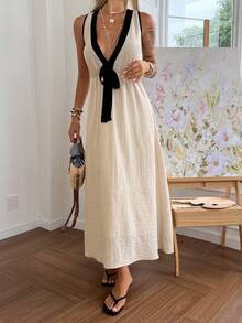 Livesso Black And White Patchwork Sleeveless Dress, Waist Cinched, Suitable For Party Vacation, Beach, Holiday, Summer Sundress Elegant - Apricot - View 3