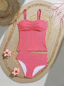 SHEIN 少女两件式吊带泳衣套装，粉白条纹细肩带上衣搭配简约褶皱条纹三角泳裤，可爱Y2K风格，适合游泳、冲浪、度假、海滩等场合。 - 紅色 - 查看 3