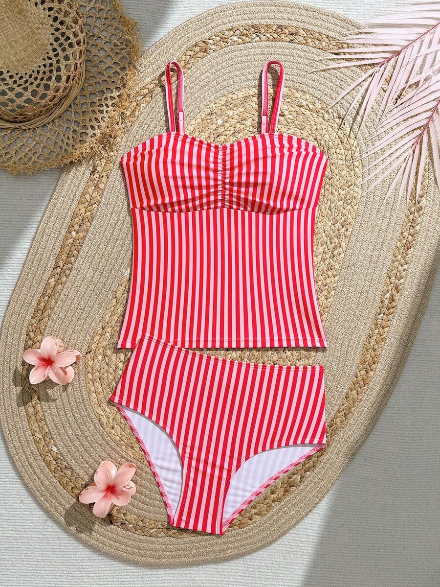 SHEIN Tween Girls 2 Piece Tankini Swimsuit Set, Pink & White Striped Spaghetti Strap Top With Modest Ruched Striped Triangle Bottoms, Cute Y2K Style Suitable For Swimming, Surfing, Vacation, Beach, Holiday - Red - View 1