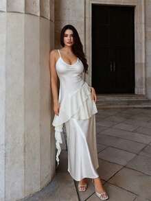 Livesso Summer Ruffle Patchwork Fashion Off-White Cami Top Straight Skirt Set, Wedding Vacation Banquet Evening Skirt, Elegant Sexy Women's 2-Piece Set - White - View 4