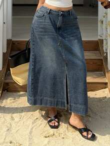 Dazy Plus Washed Distressed A-Line Maxi Denim Skirt With Front Slit, Street Style, Plus Size, Spring/Summer - Medium Wash - View 10