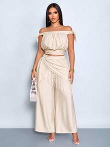 SOLERSUN 女士时尚优雅露肩蝴蝶结短款上衣，褶皱泡泡后背无袖休闲衬衫，女士后背褶皱无袖短款上衣，适合休闲夏季和度假穿着 - 杏色 - 查看 4